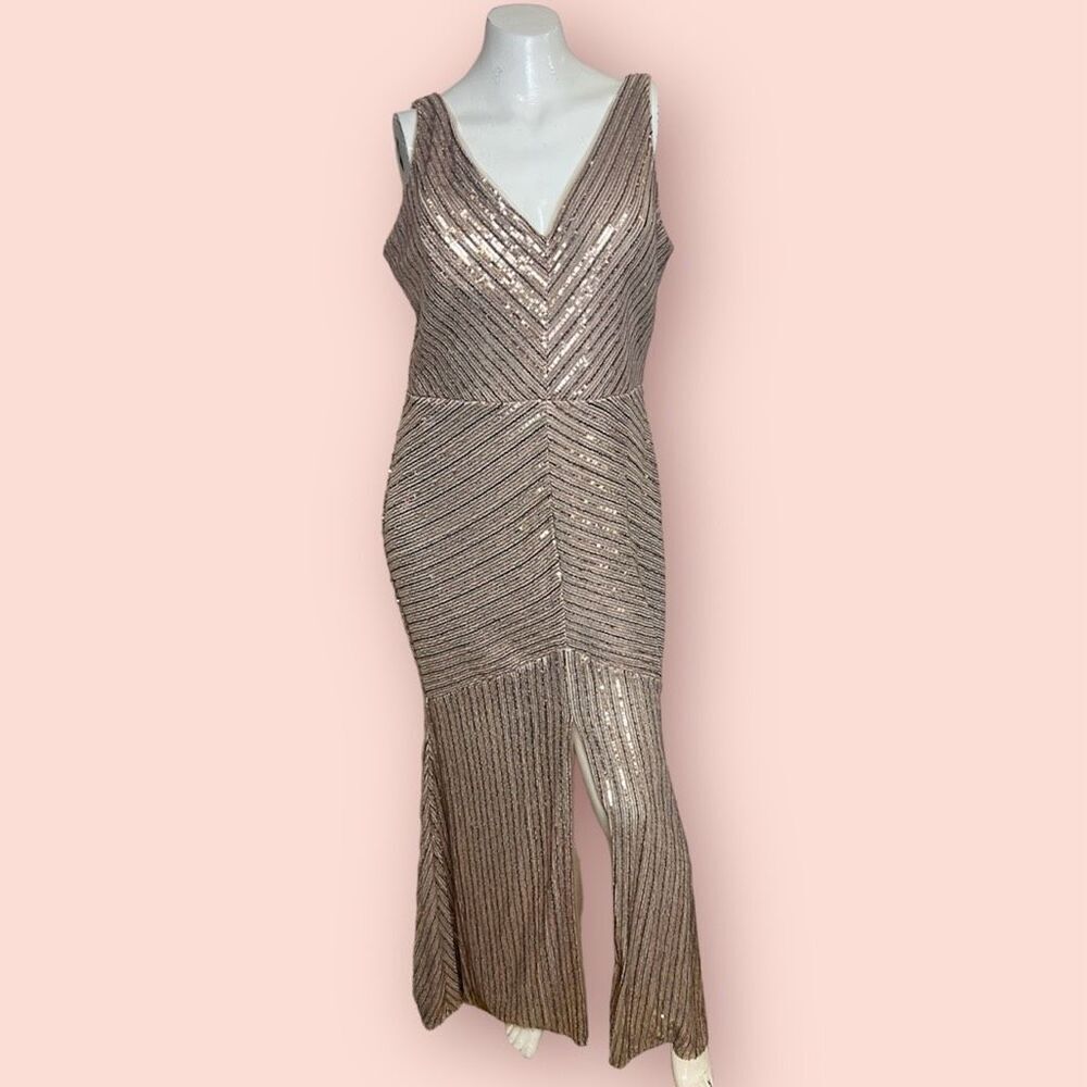 Rene Ruiz Collection Beaded Nude Pink Floor Length Cowl Neck Formal Designer Dre